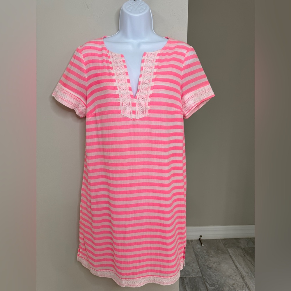 Sail to Sable Medium Pink & White Stripe Tunic Dress – Lace Detail – Preppy Chic
